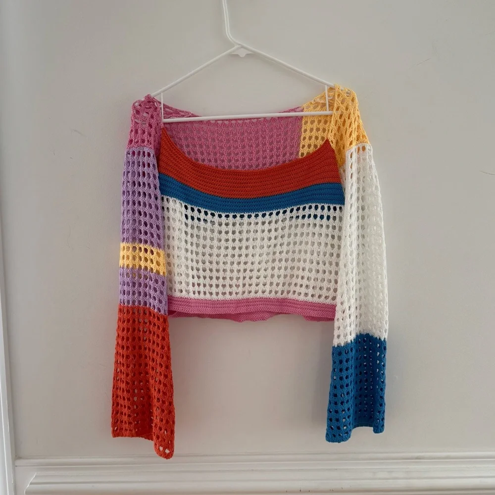 Y2K Colorblock Knit Cropped Sweater - Picture 1 of 6